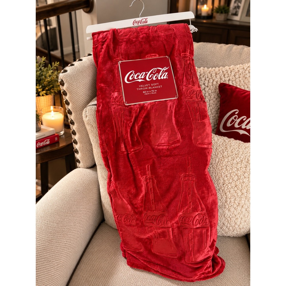 Coca-Cola Velvet Soft Throw Blanket Red Embossed Coke Bottles 60x70 New